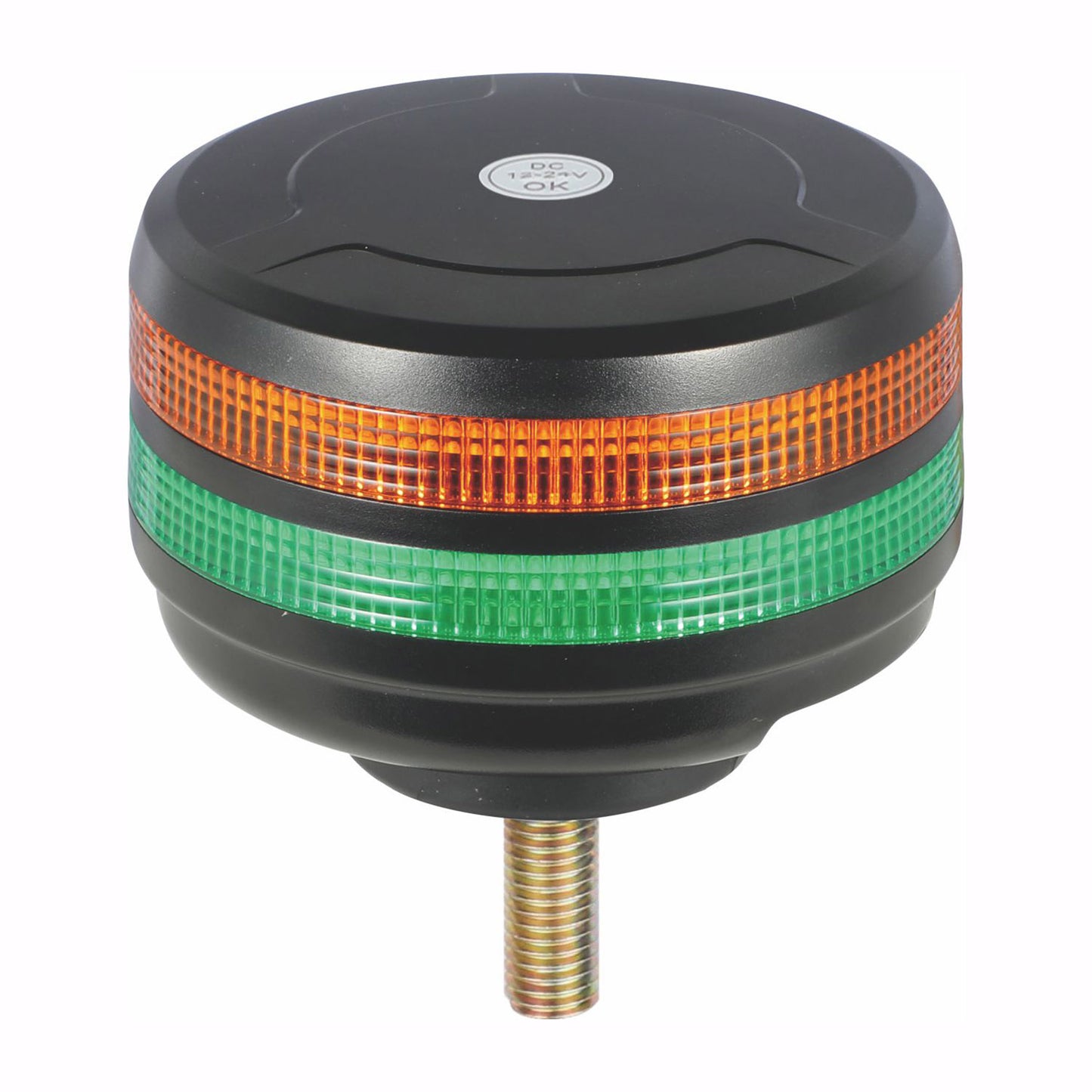 Black cylindrical light with orange and green LED lights on a white background