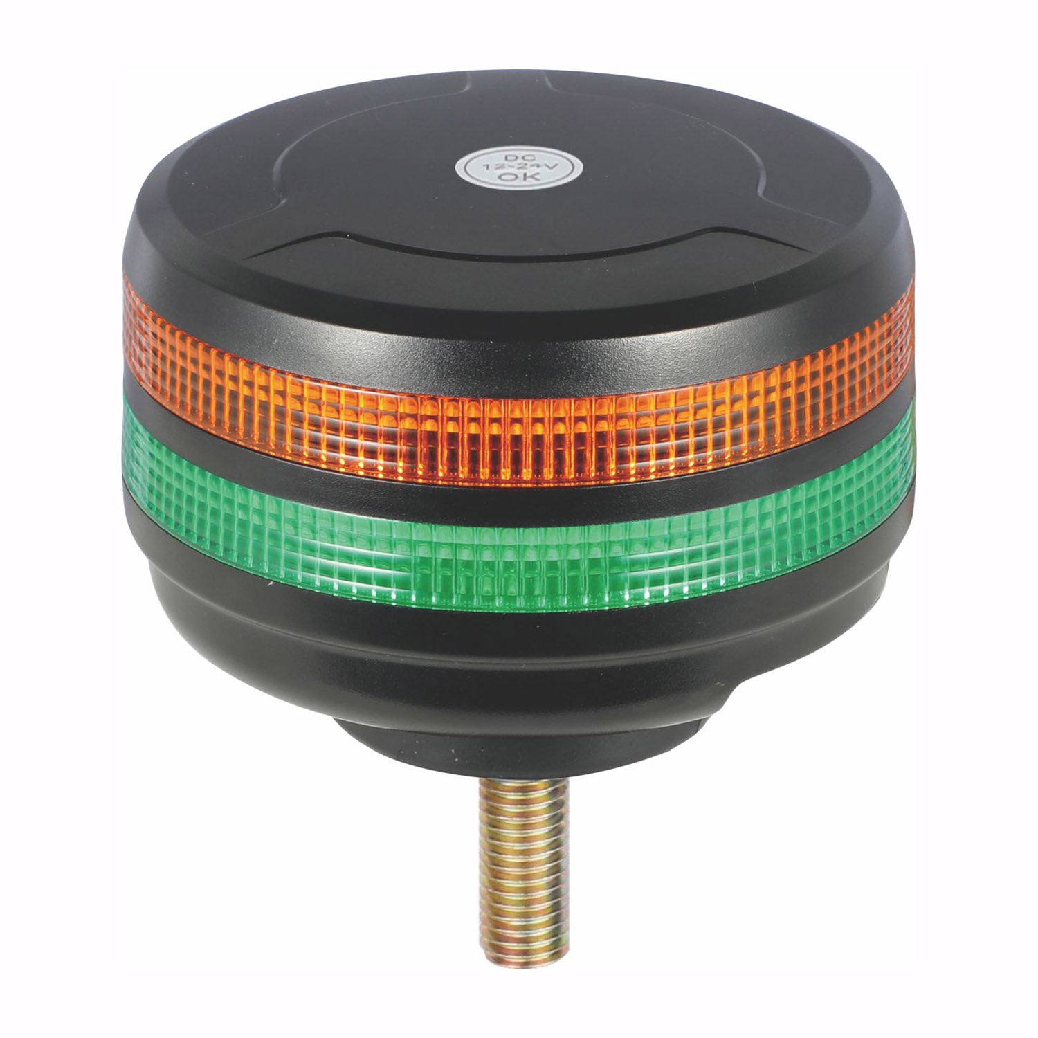 Black cylindrical light with orange and green LED lights on a white background