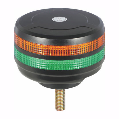 Black cylindrical light with orange and green LED lights on a white background