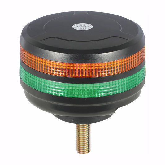 Black cylindrical light with orange and green LED lights on a white background