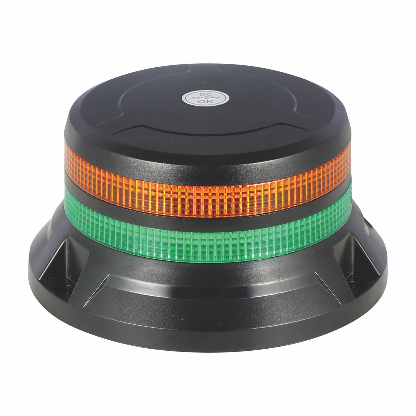 Round warning light with black base, orange and green stripes on a white background