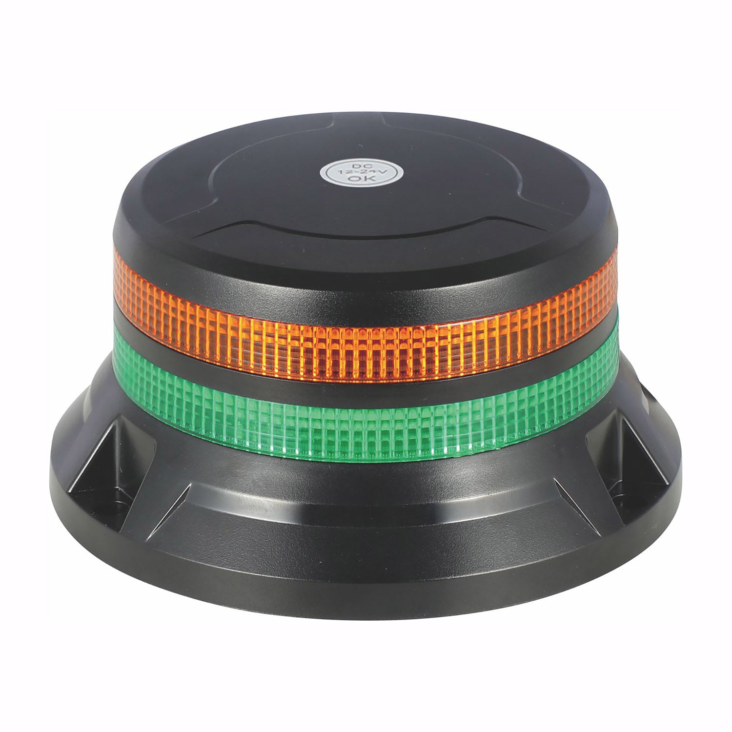 Round warning light with black base, orange and green stripes on a white background