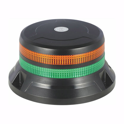 Round warning light with black base, orange and green stripes on a white background