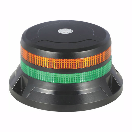 Round warning light with black base, orange and green stripes on a white background