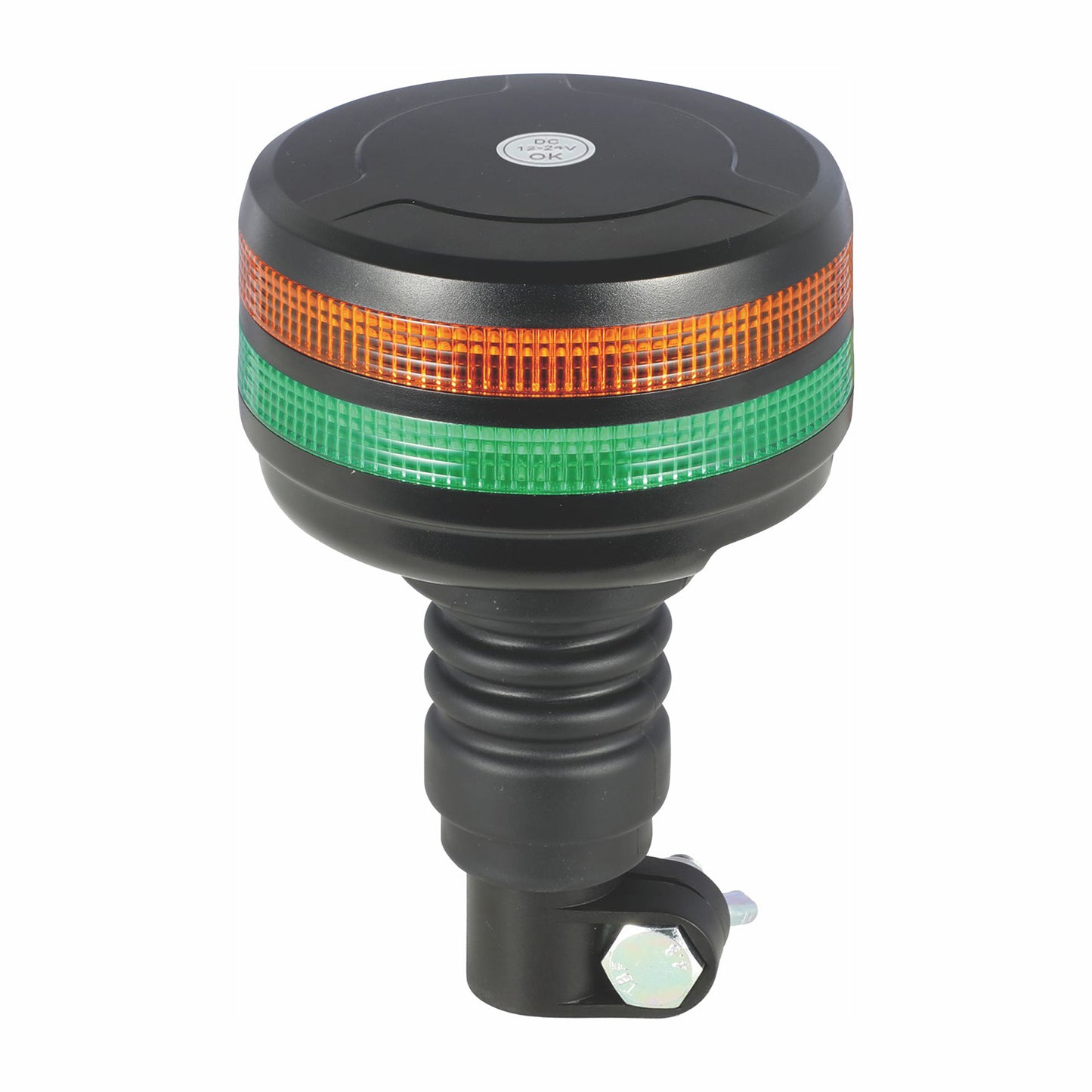 Black safety light with orange and green LED bands on a white background