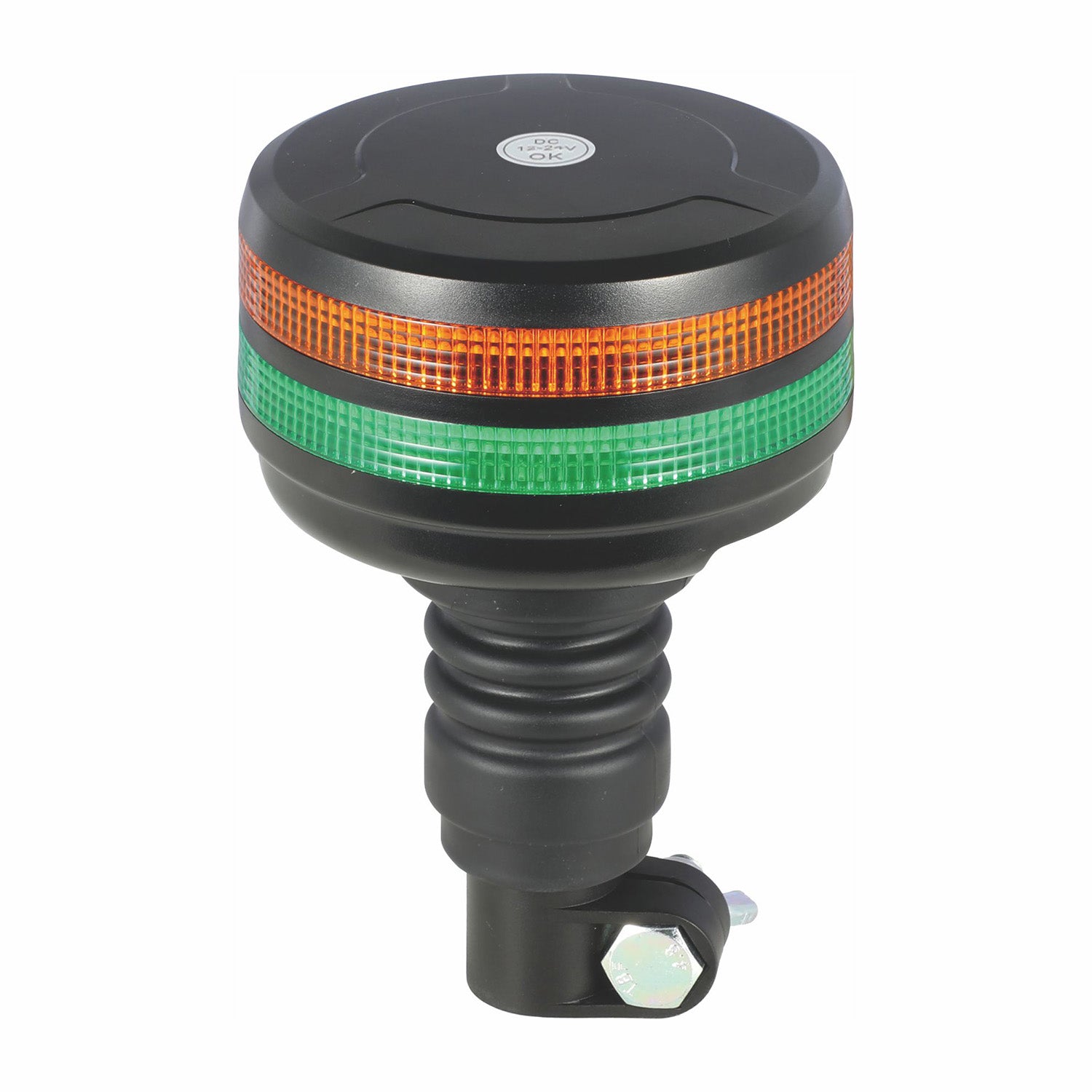 Black safety light with orange and green LED bands on a white background