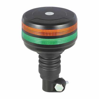 Black safety light with orange and green LED bands on a white background