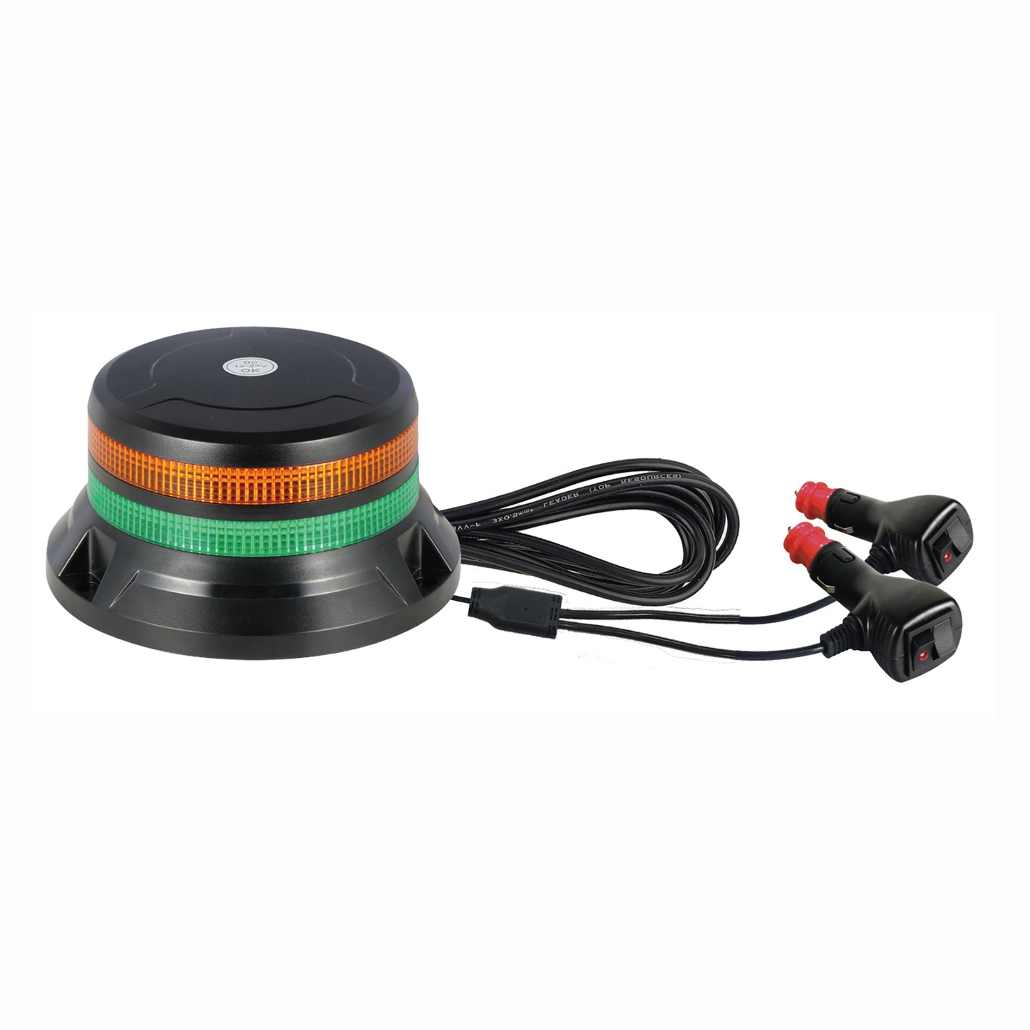 Black warning light with orange and green stripes and cable connectors on a white background