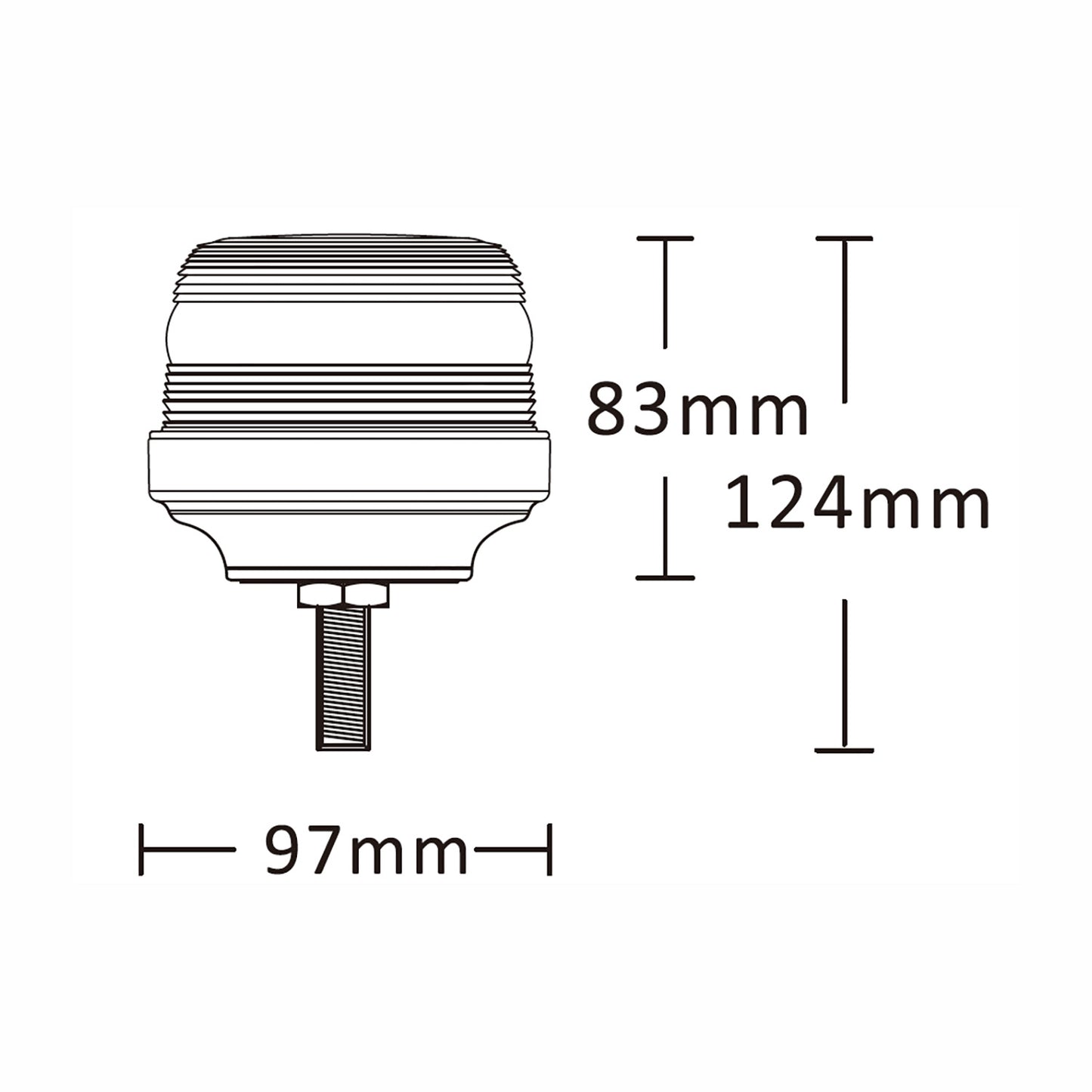Technical drawing of a warning light with dimensions labeled