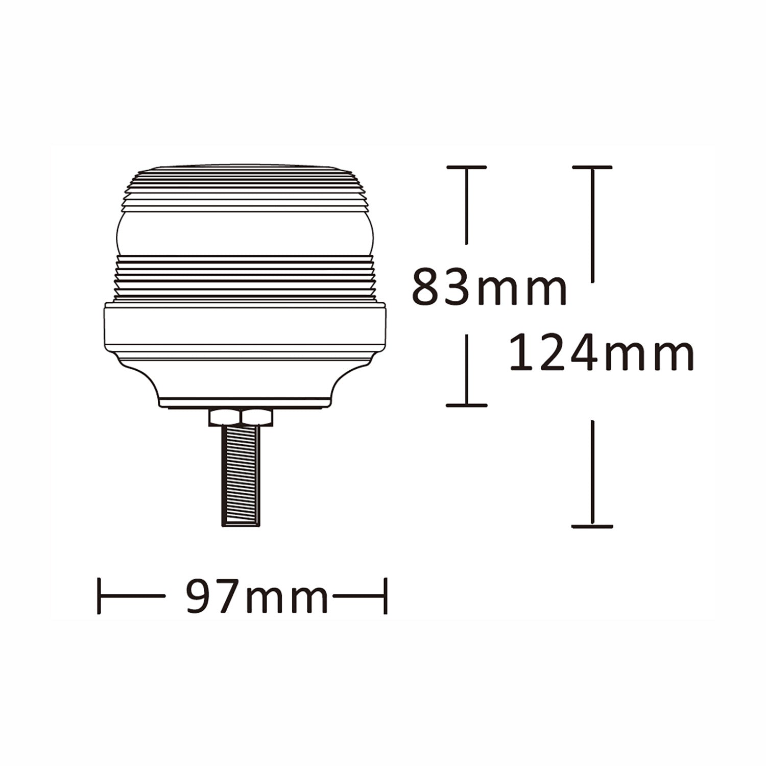 Technical drawing of a warning light with dimensions labeled