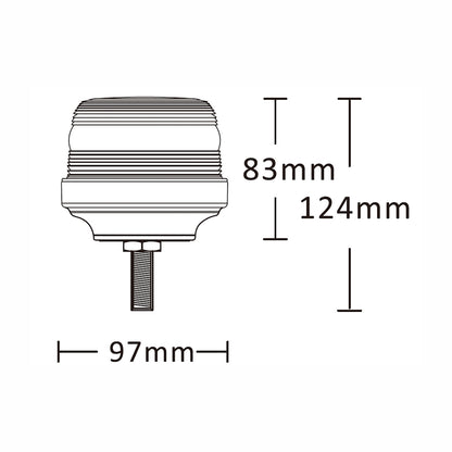 Technical drawing of a warning light with dimensions labeled