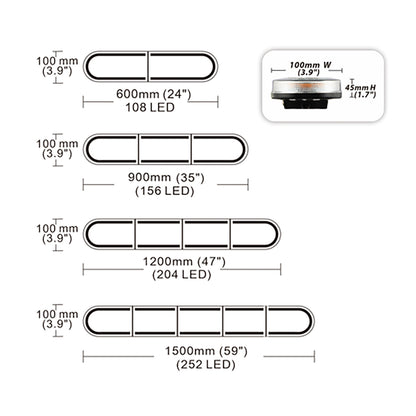 Diagram showing different sizes of LED lights with measurements and number of LEDs.