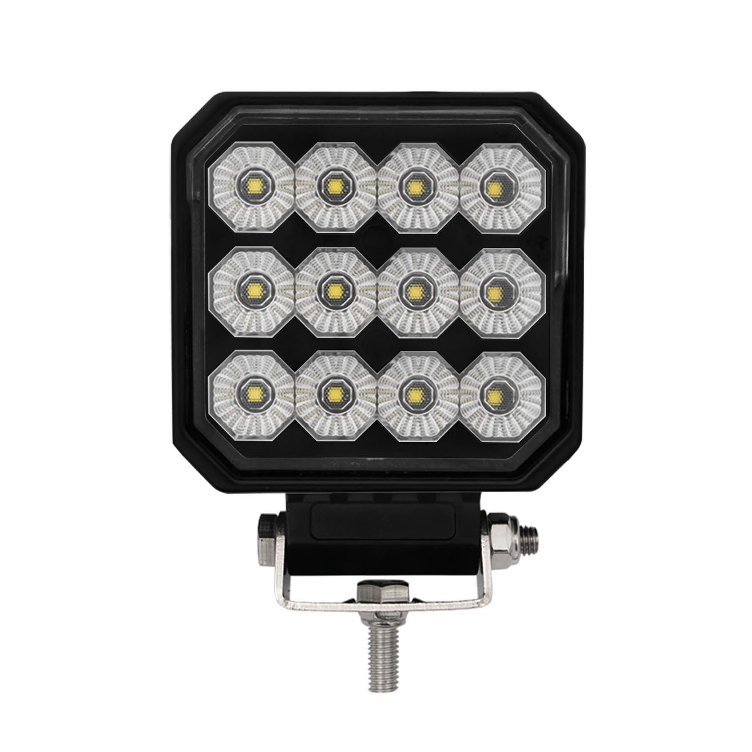 Square LED work light with multiple bulbs on a white background