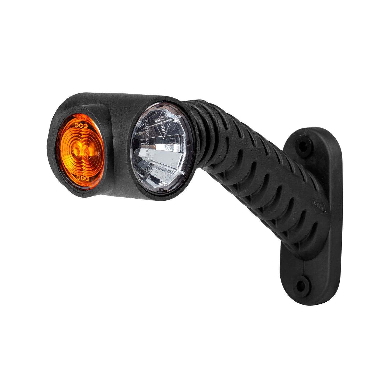 Black vehicle light with orange and clear lenses on a white background