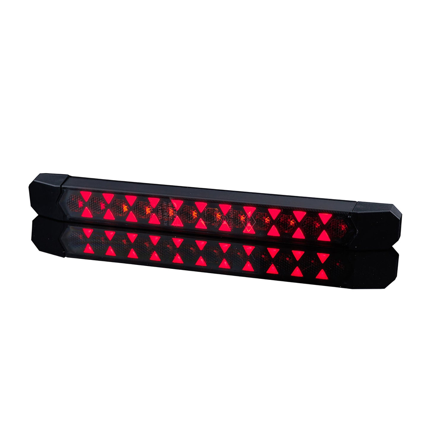 Pair of red LED lights with black casing on a white background