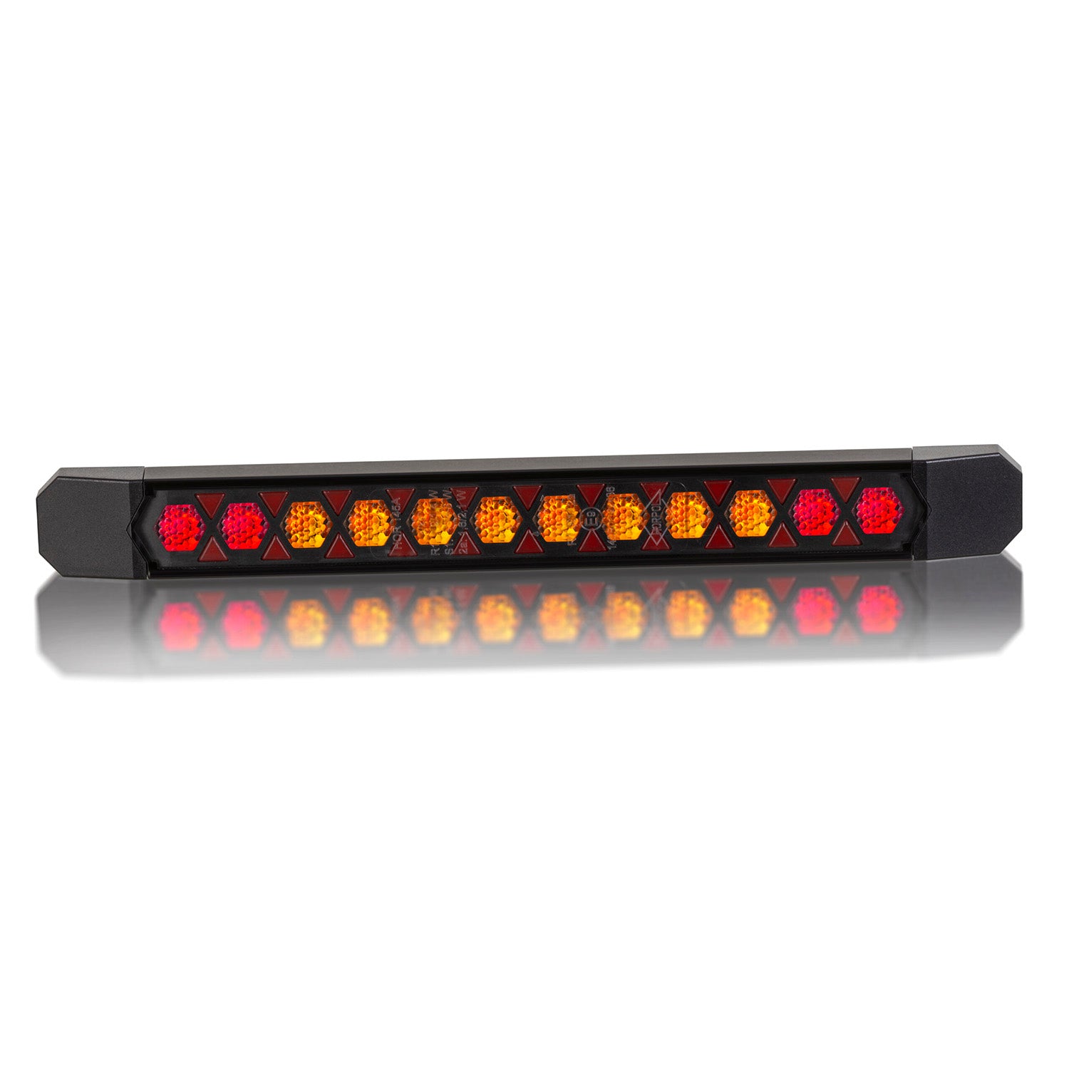 LED light bar with red and orange lights on a white background